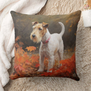 Wirefox Terrier in Autumn Leaves Fall Inspire Throw Pillow