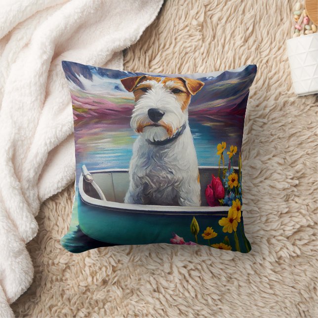 Wirefox Terrier on a Paddle: A Scenic Adventure Throw Pillow (Blanket)