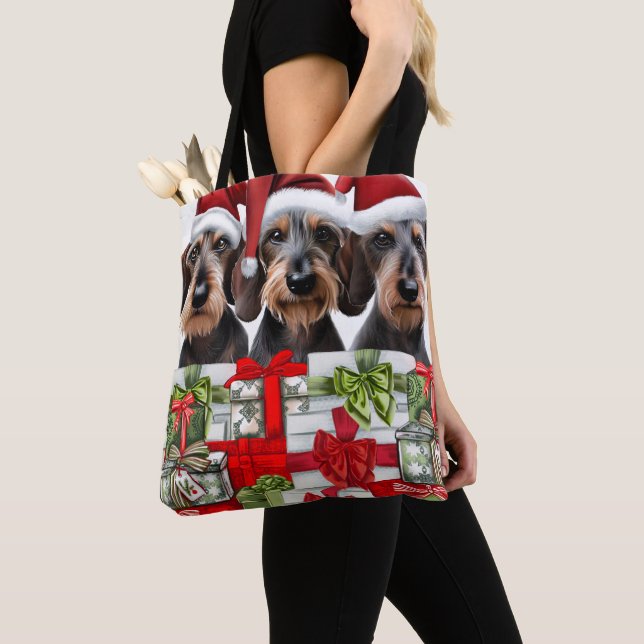 Wirehair Dachshund Christmas Tote Bag (Close Up)