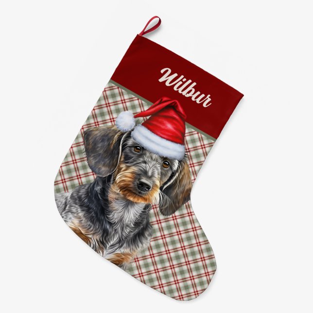 Wirehair Dachshund Dog Holiday Plaid Personalized Large Christmas Stocking (Front (Hanging))