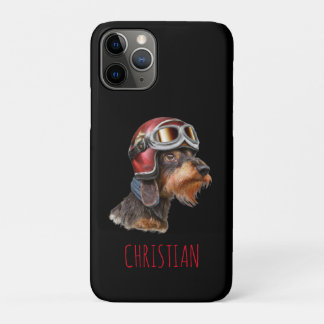 Wirehair Dachshund Dog with Biker Helmet iPhone 11 Pro Case