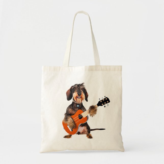 Wirehair Dachshund Playing Acoustic Guitar Tote Bag (Front)