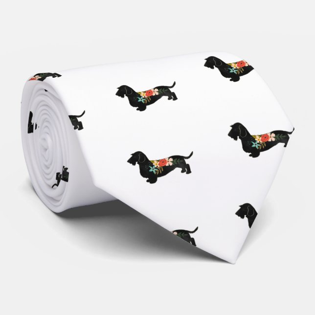 Wirehaired Dachshund Bohemian Floral Silhouette Tie (Rolled)