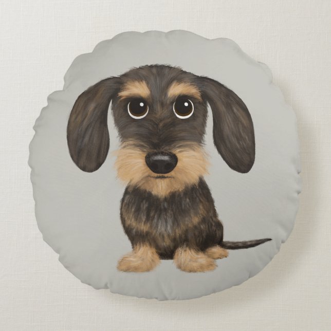 Wirehaired Dachshund | Cute Cartoon Dog Teckel Round Pillow (Front)