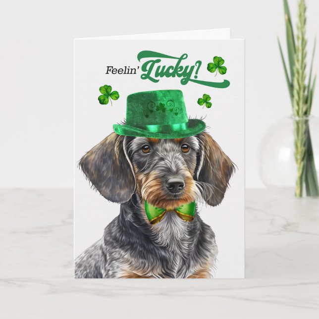 Wirehaired Dachshund Dog Lucky St Patrick's Day Holiday Card (Front)