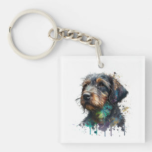 Wirehaired Dachshund Puppy Watercolor Art Keychain