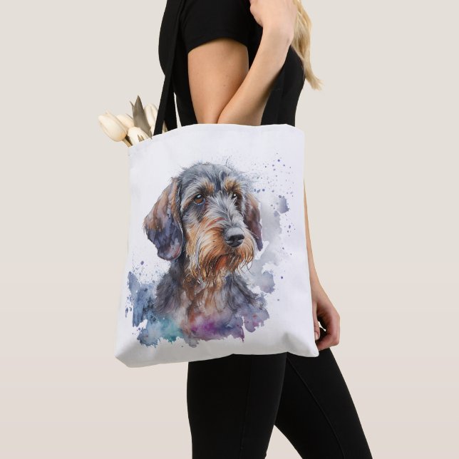 Wirehaired Dachshund Puppy Watercolor Design Tote Bag (Close Up)