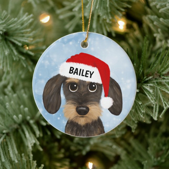 Wirehaired Dachshund Santa Teckel Dog Custom Name Ceramic Ornament (Tree)