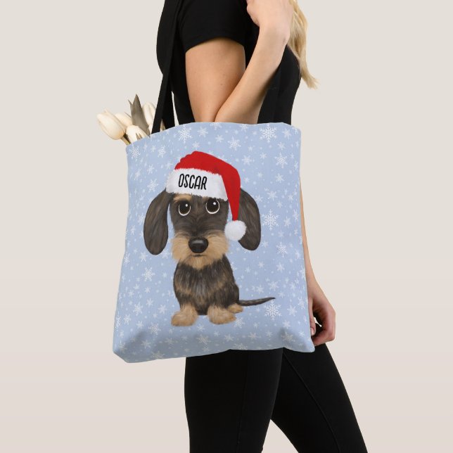 Wirehaired Dachshund Santa Teckel Dog Custom Name Tote Bag (Close Up)