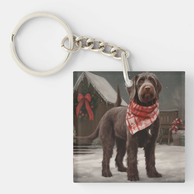 Wirehaired Pointing Dog in Snow Christmas Keychain (Front)