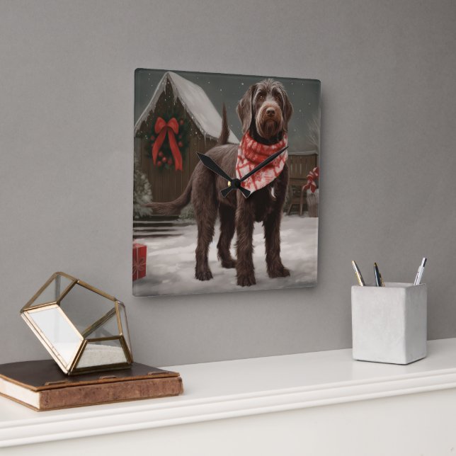 Wirehaired Pointing Dog in Snow Christmas Square Wall Clock (Office)