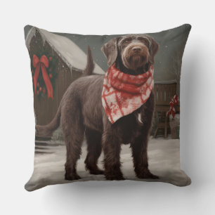 Wirehaired Pointing Dog in Snow Christmas Throw Pillow