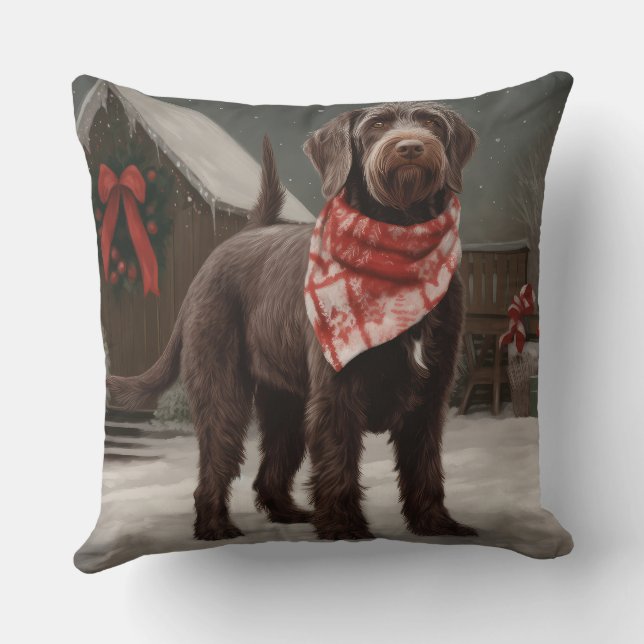 Wirehaired Pointing Dog in Snow Christmas Throw Pillow (Back)