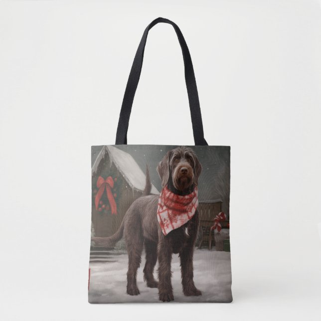 Wirehaired Pointing Dog in Snow Christmas Tote Bag (Front)