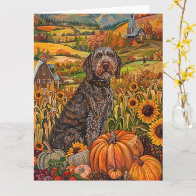 Wirehaired Pointing Griffon Autumn Thanksgiving Card (Yellow Flower)