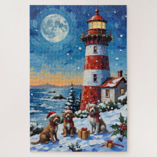 Wirehaired Pointing Griffon Christmas Lighthouse Jigsaw Puzzle