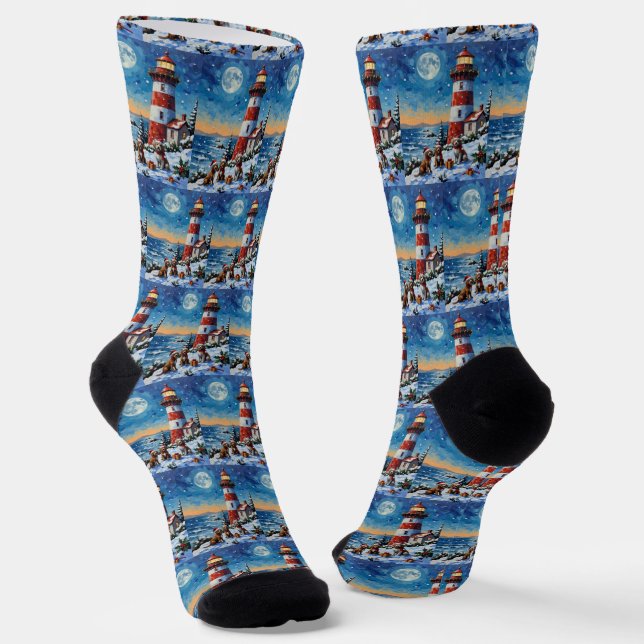 Wirehaired Pointing Griffon Christmas Lighthouse Socks (Angled)