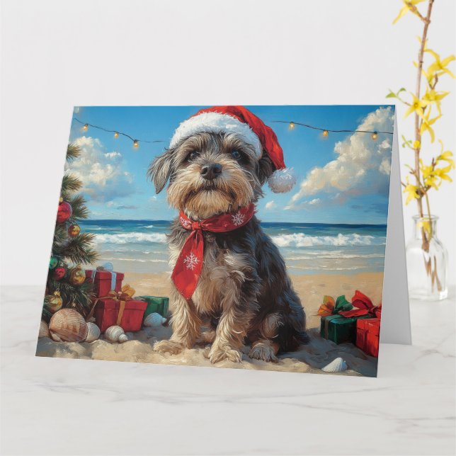 Wirehaired Pointing Griffon Dog Christmas Beach Card (Yellow Flower)