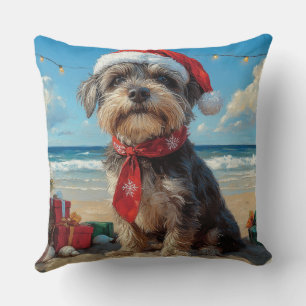 Wirehaired Pointing Griffon Dog Christmas Beach Throw Pillow