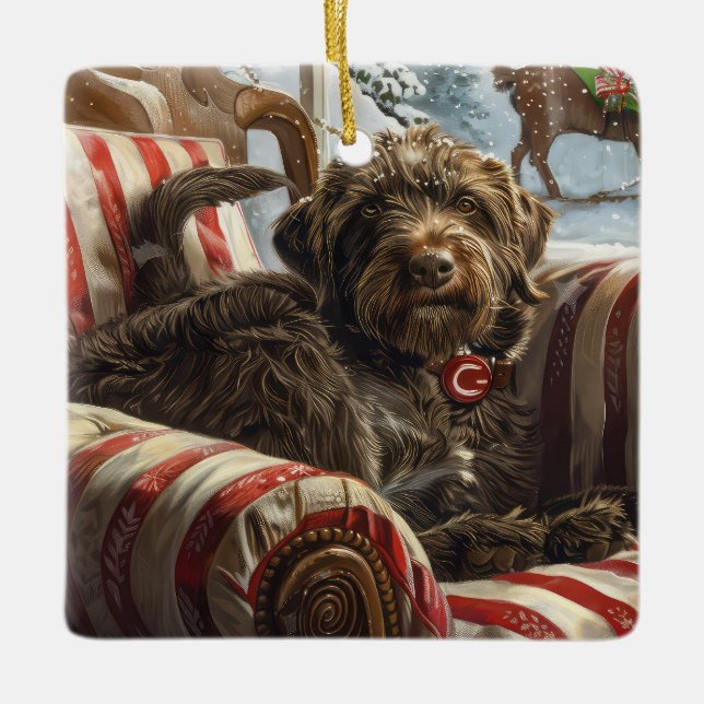 Wirehaired Pointing Griffon Dog Christmas Festive Ceramic Ornament (Front)