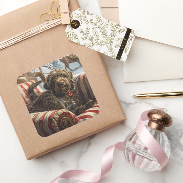 Wirehaired Pointing Griffon Dog Christmas Festive Square Sticker (Gifting)