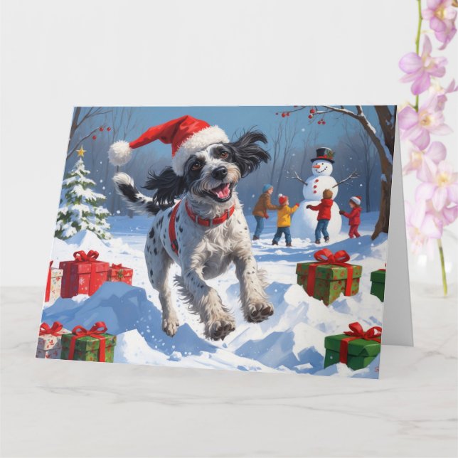 Wirehaired Pointing Griffon in Snow Christmas Hat Card (Orchid)