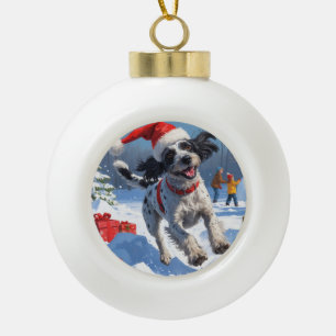 Wirehaired Pointing Griffon in Snow Christmas Hat Ceramic Ball Christmas Ornament