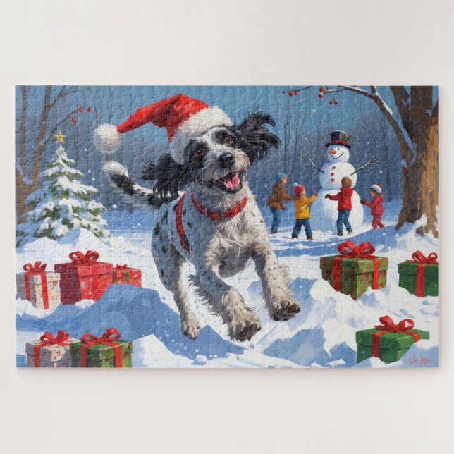 Wirehaired Pointing Griffon in Snow Christmas Hat Jigsaw Puzzle (Horizontal)