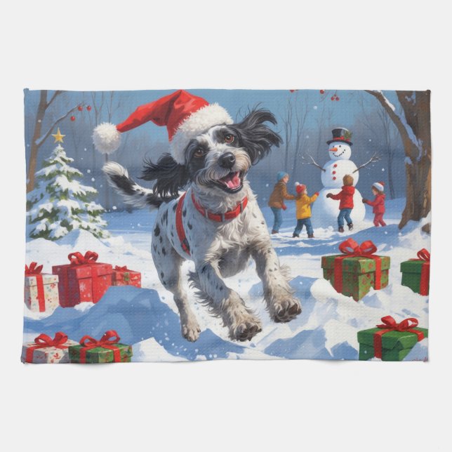 Wirehaired Pointing Griffon in Snow Christmas Hat Kitchen Towel (Horizontal)