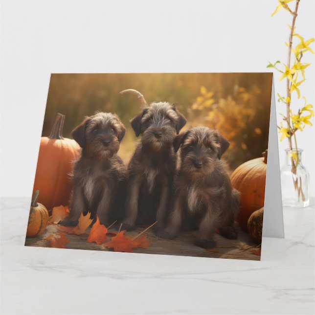 Wirehaired Pointing Griffon Puppy Autumn Card (Yellow Flower)