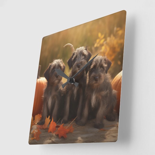 Wirehaired Pointing Griffon Puppy Autumn Square Wall Clock (Angle)