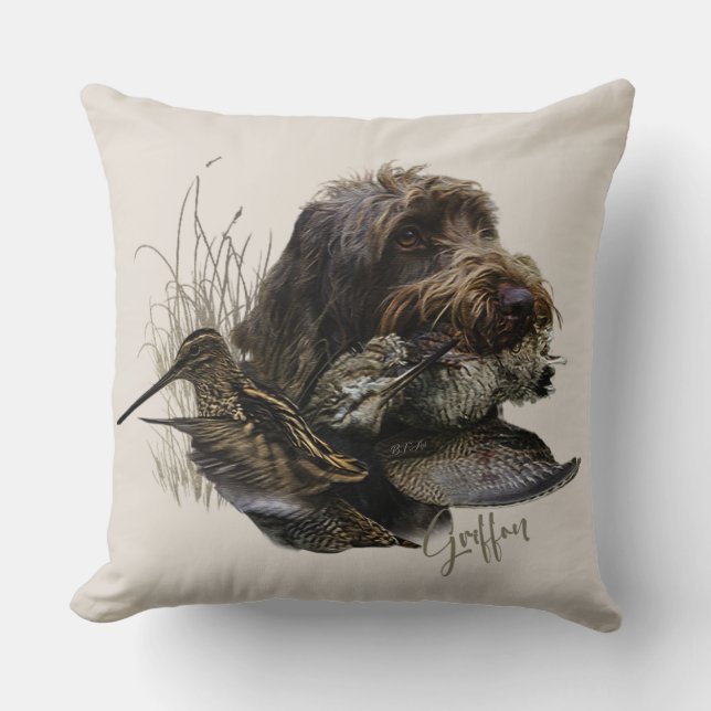 Wirehaired Pointing Griffon , Woodcock hunting Clo Throw Pillow (Front)