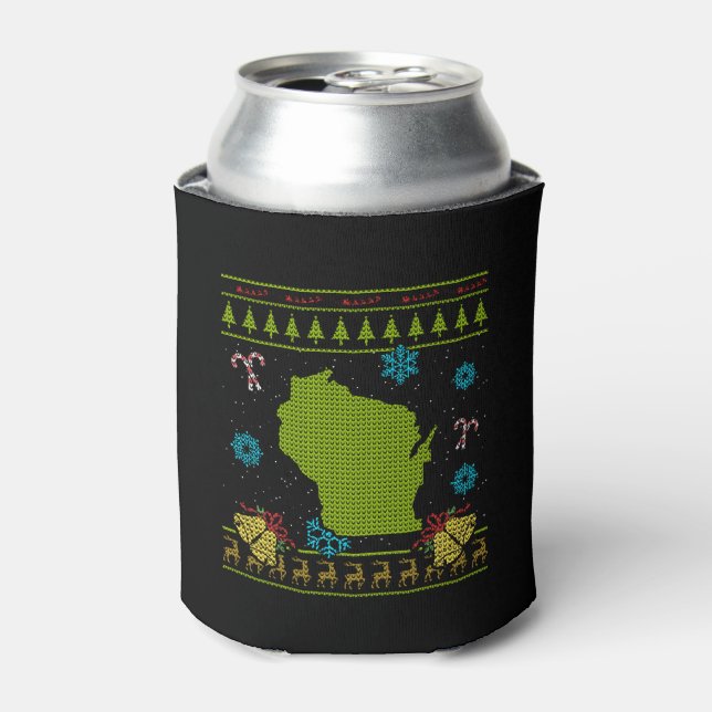 Wisconsin Christmas Ugly Shirt Can Cooler (Can Front)