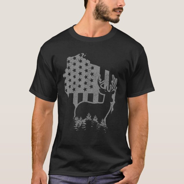 Wisconsin Elk Hunting State Map US Flag Patriotic  T-Shirt (Front)