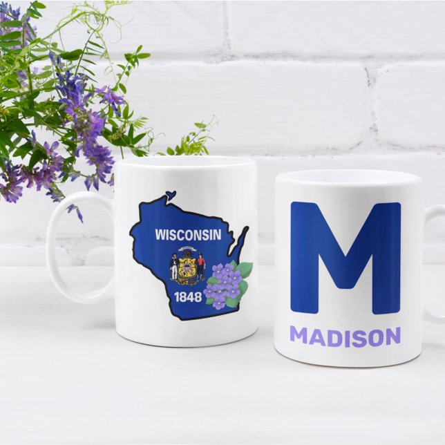Wisconsin Flag & Flower Blue Violet Custom Name Coffee Mug (Creator Uploaded)