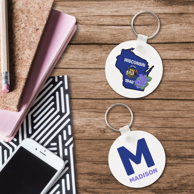 Wisconsin Flag & Flower Blue Violet Custom Name Keychain (Creator Uploaded)