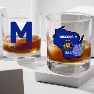 Wisconsin Flag & Flower Blue Violet Custom Name Whiskey Glass