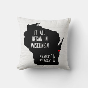 Wisconsin GPS Coordinates with Heart Throw Pillow