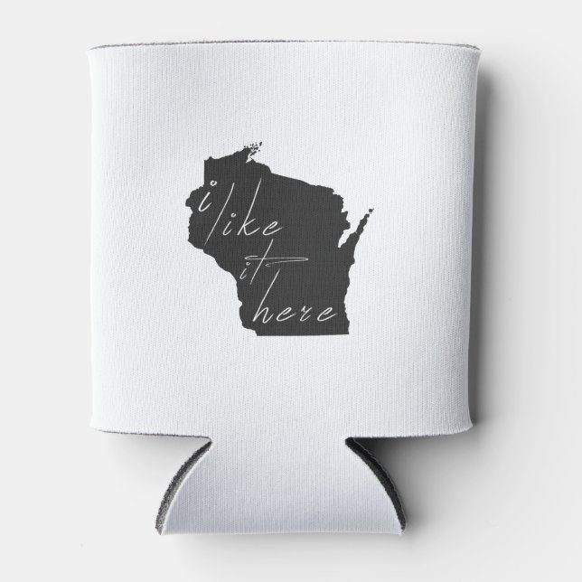 Wisconsin I Like It Here State Silhouette Black Can Cooler (Front)