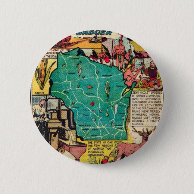 Wisconsin Map and Facts 2 Inch Round Button (Front)