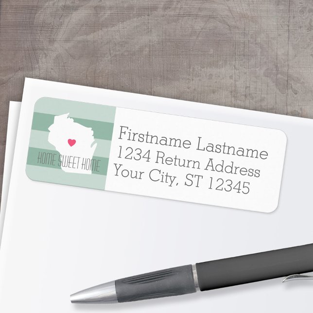 Wisconsin Map Home State Love with Custom Heart (Personalized Mailing Label with Return Address and State Map - Low Minimum)
