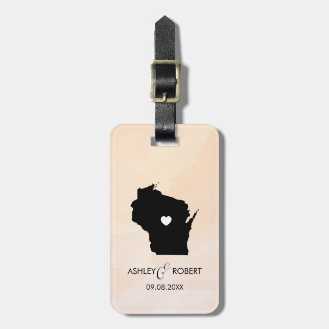 Wisconsin Map Wedding Luggage Tag, Custom Gift Tag (Front Vertical)