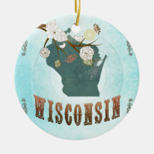 Wisconsin Map With Lovely Birds Ceramic Ornament