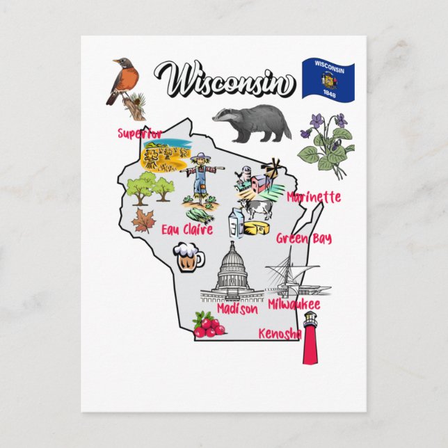 Wisconsin Map with Tourist Destinations Postcard (Front)