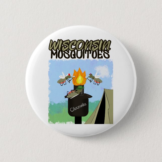 Wisconsin Mosquitoes Cartoon - Camping by Tiki 2 Inch Round Button (Front)