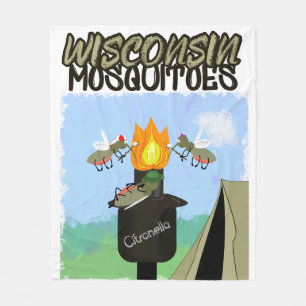 Wisconsin Mosquitoes Cartoon - Camping by Tiki Fleece Blanket