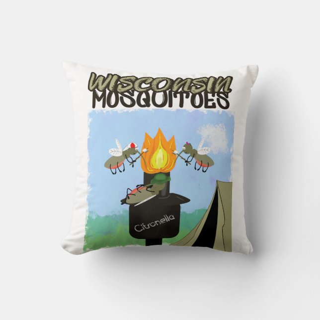 Wisconsin Mosquitoes Cartoon - Camping by Tiki Throw Pillow (Front)