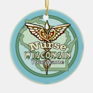 Wisconsin Nurse Caduceus Ceramic Ornament