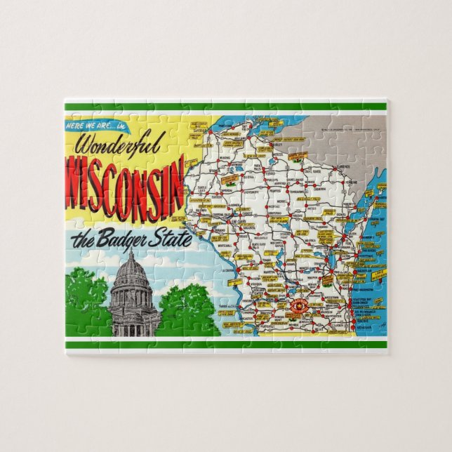 Wisconsin Postcard Map Jigsaw Puzzle (Horizontal)