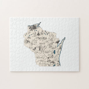 Wisconsin Shaped Badger State Vintage Picture Map Jigsaw Puzzle